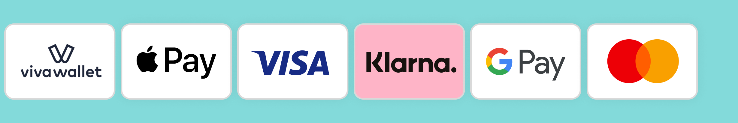 Bezahlmöglichkeiten: Viva-Wallet, Klarna, Apple Pay, Google Pay, Visa, Mastercard